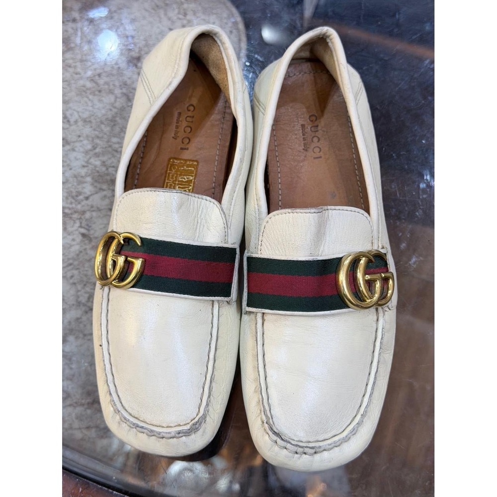 Gucci Ivory Leather Double G Web Stripe Driving Loafers 454688 Size 37
